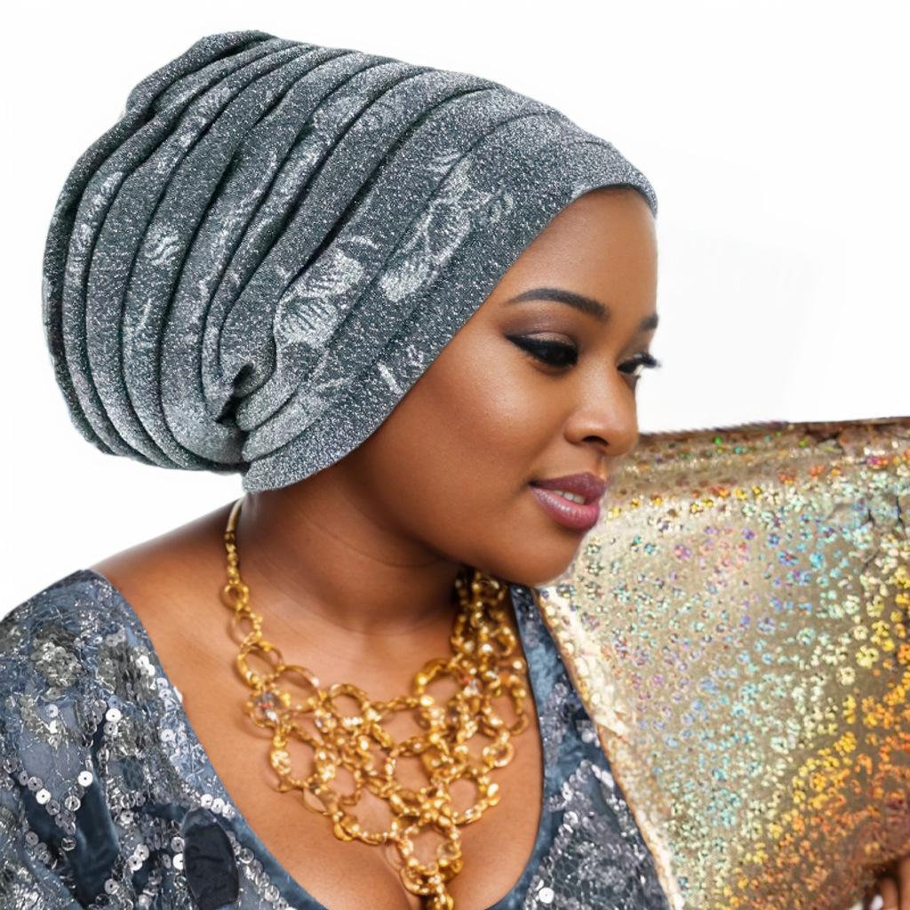Glitter Pleated Women's Head Wraps Bonnet African Turban Cap Muslim Headscarf Bonnet Turbante mujer