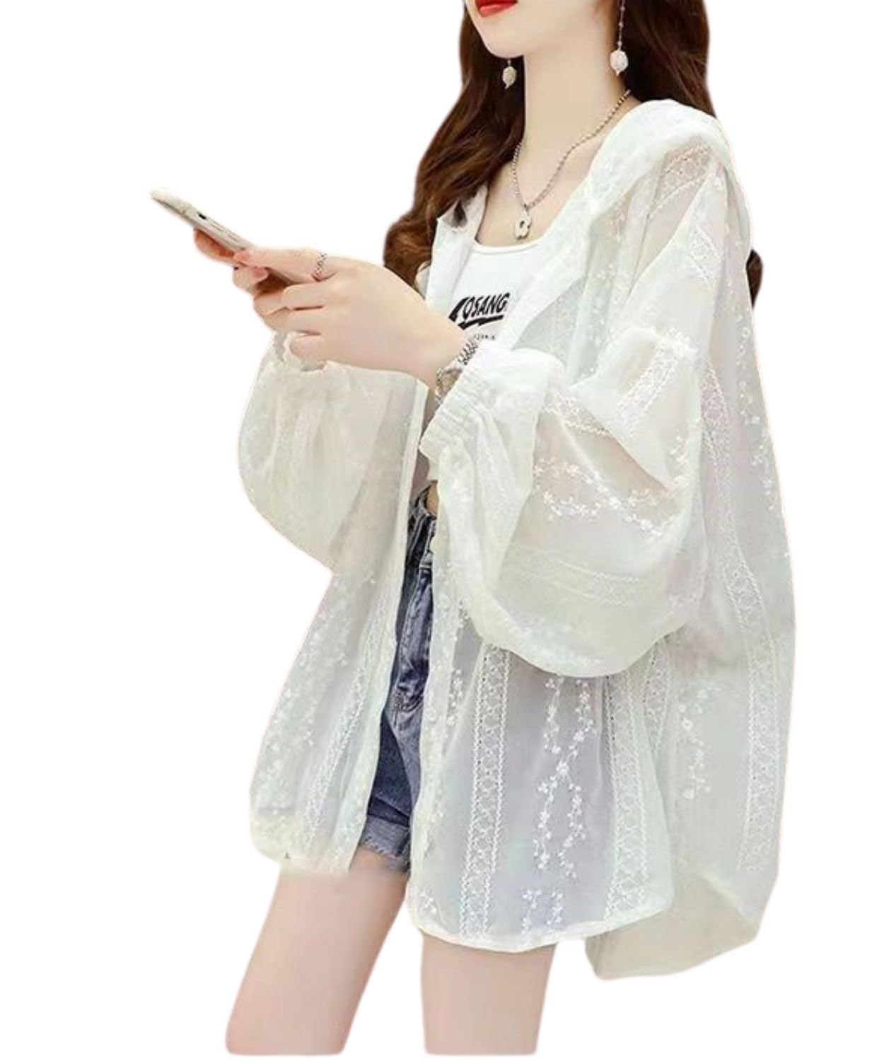 

Милый прозрачный топ для прозрачного кроя и кружевной защиты от воздуха защиты от УФ-лучей свободный прикрывает тело [Четыре листа] женщины, лето, худи, рубашка, белый