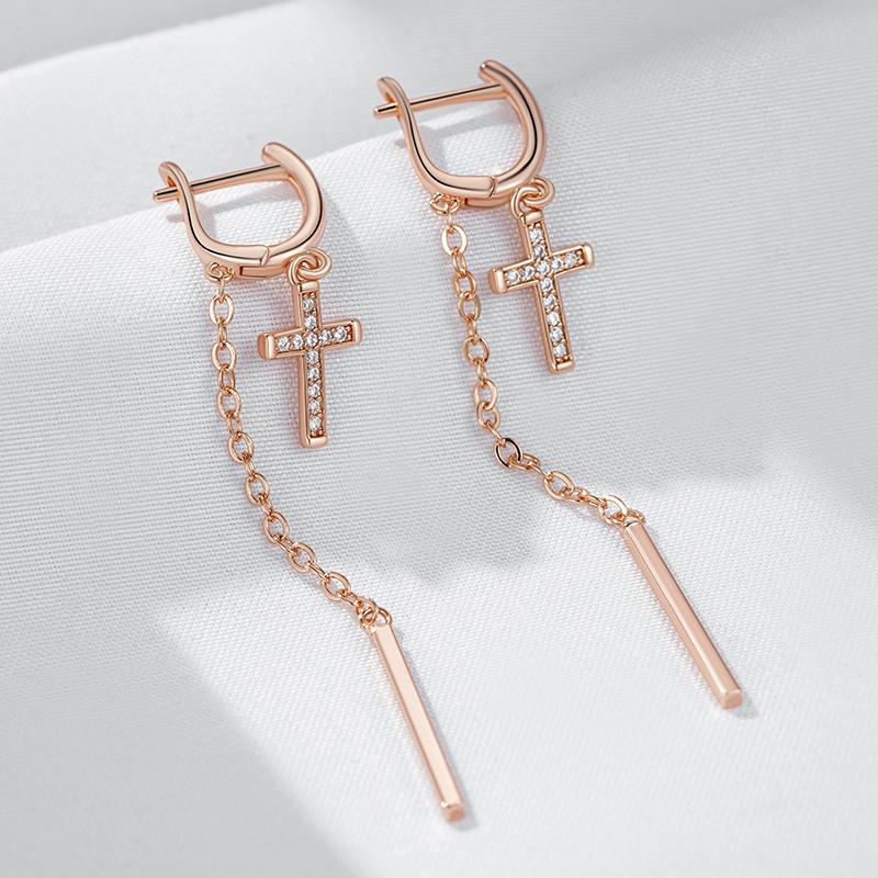 Trendige lange Quaste Kreuz Hängeohrringe für Damen Mode Roségold Farbe Mit Natürlichem Zirkon Feiner Tägliche Schmuckstücke