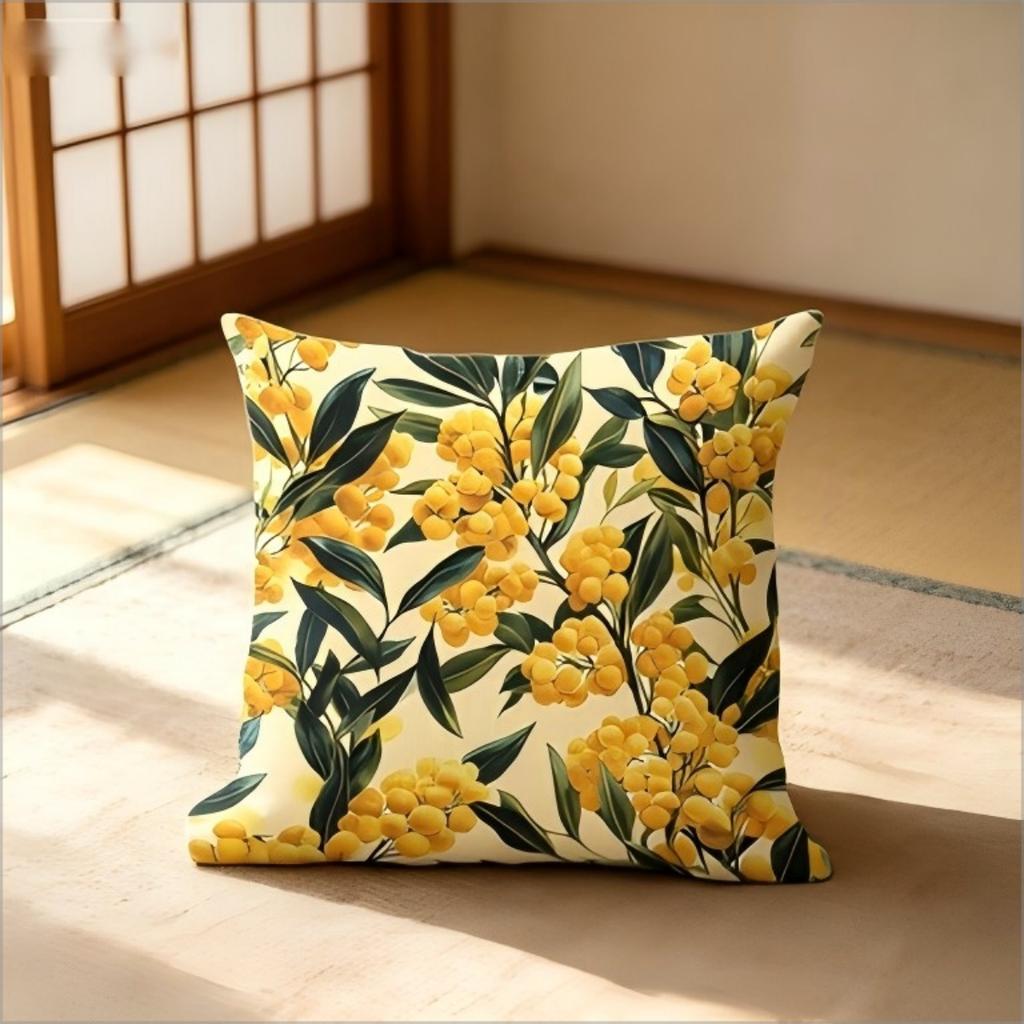 Yellow Mimosa Floral Throw Pillow Cover, Botanical Leaf Print, Spring Nature Decorative Pillow Case for Home