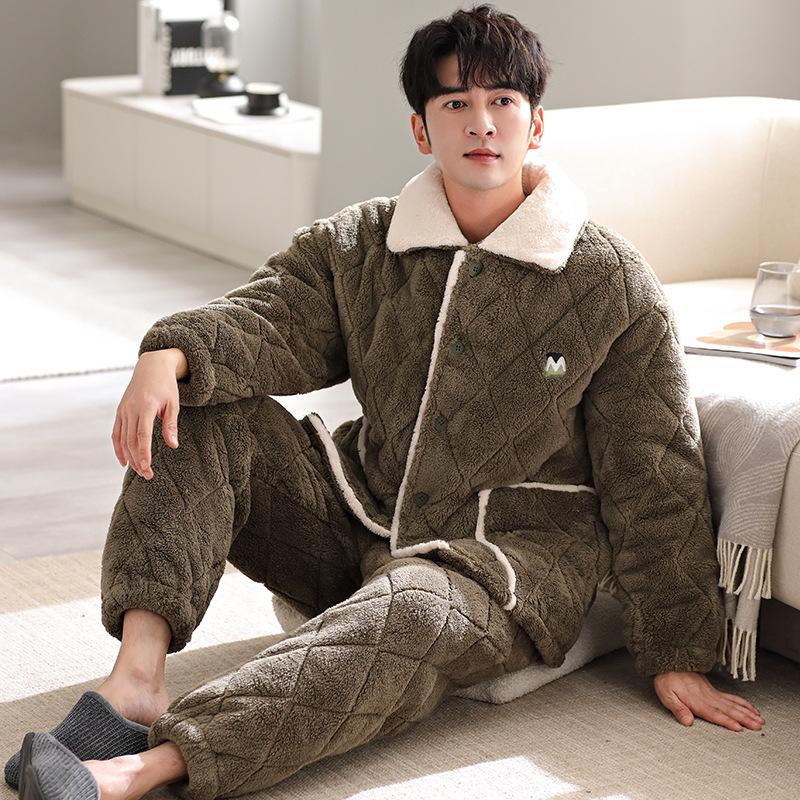 Antistatic padded couple pajamas women's winter three-layer thickened fleece padded jacket men's coral fleece warm loungewear
