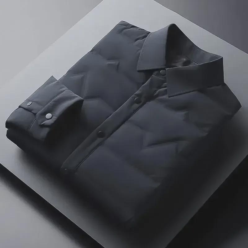 Męska Lekka Kurtka Puchowa Business Casual - Jesień/Zima Ciepła Krótka z Białego Puchu Kaciego z Kołnierzykiem Koszulowym