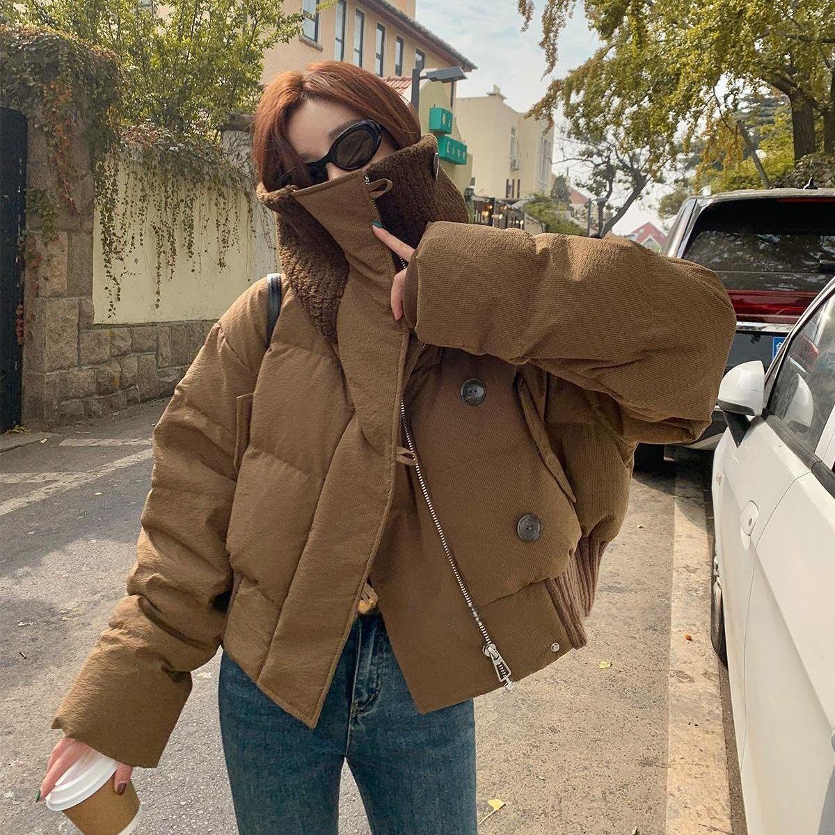 

Down cotton-padded clothes women s winter short small cotton-padded jackets British retro style loose cotton-padded clothes thickened coats trendy L хакі