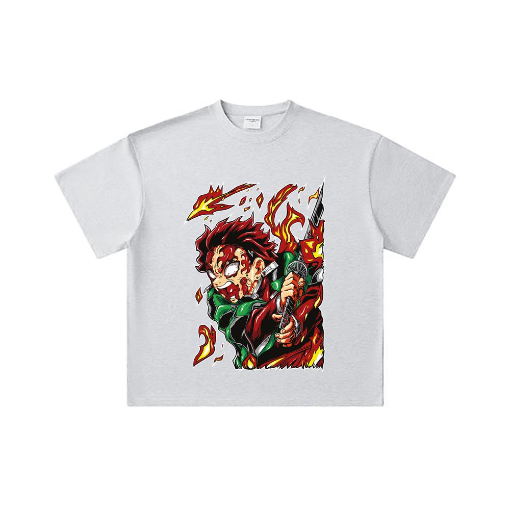 260 GSM Double Yarn 32 Count 100% Cotton Demon Slayer V101 Tanjiro Print Unisex Heavy Cotton T Shirt