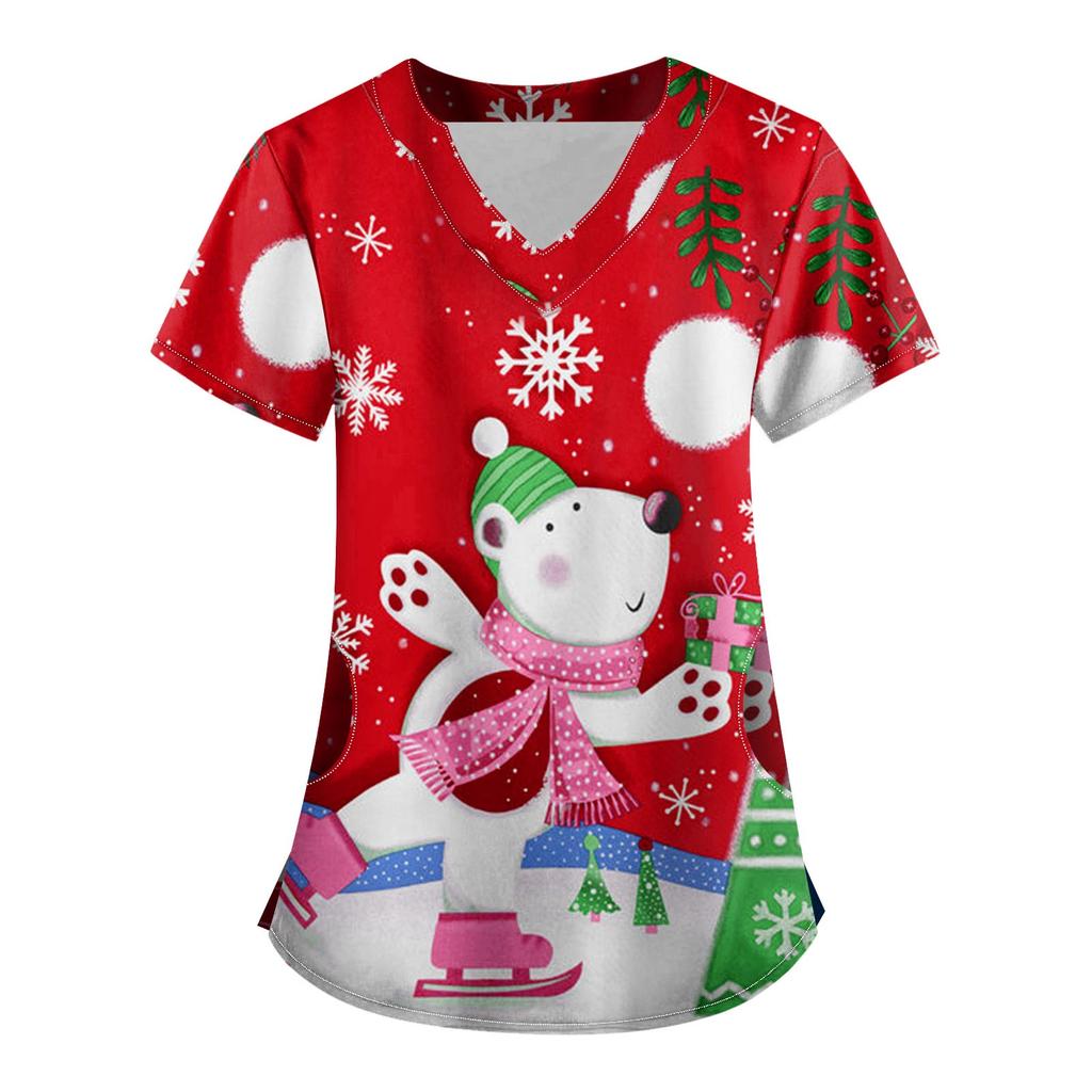 Women Short Sleeve V Neck Christmas Cartoon Pattern Tops Pocket Working T-shirts Non-positioning Print