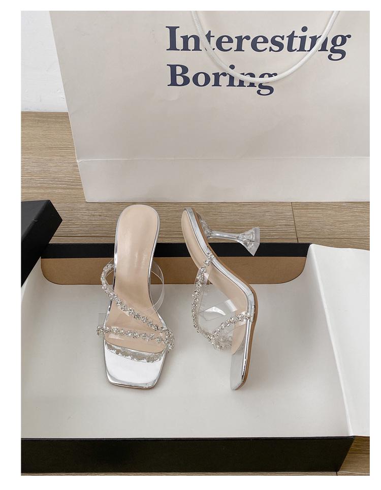 Crystal Rhinestone Thin Heel High Heels Sandals - Women's Fashionable Long Legs Summer Slippers
