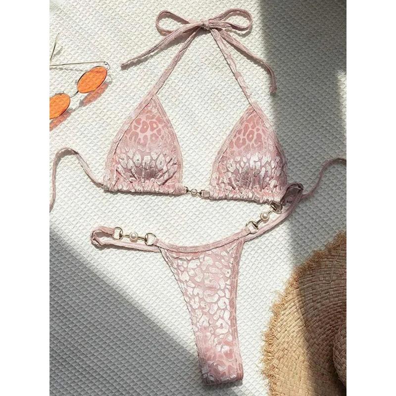 Sexy Leopard Samt Bikini Mini Mikro String Bikinis Damen Bademode Weiblicher Badeanzug Zweiteiliges Bikini-Set Neckholder Badeanzug Swim