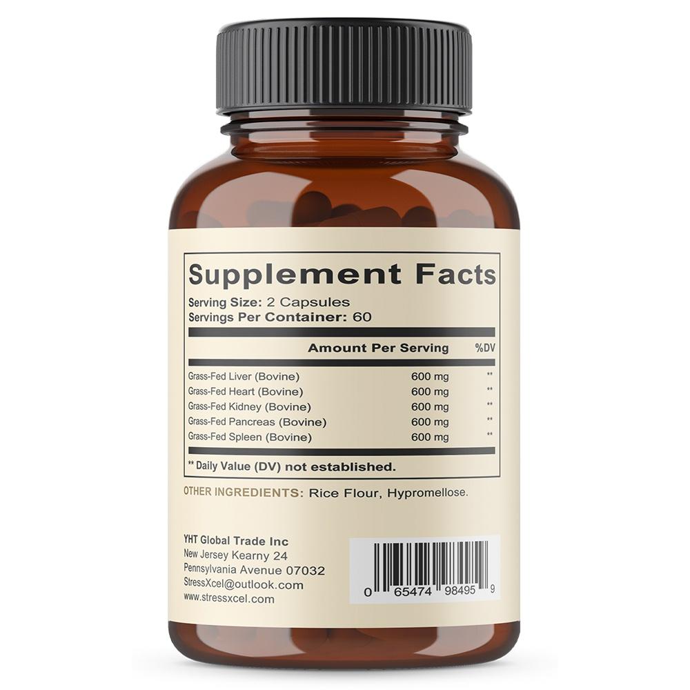StressXcel Grass Fed Beef Organs Capsules, Liver Heart Kidney Spleen Pancreas, 3000mg, 120 Caps