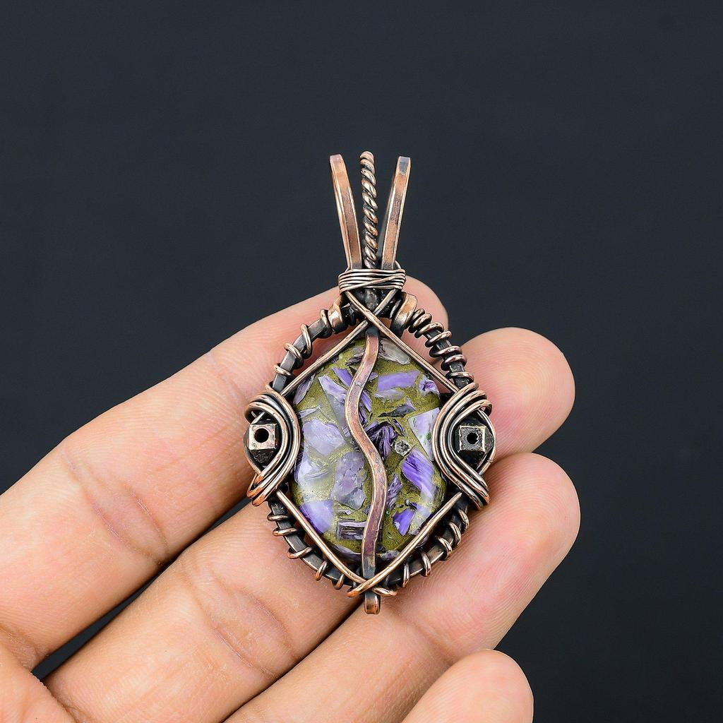 Copper Charoite Pendant Gemstone Jewelry, 999 Copper Wire Wrapped Pendant, Handmade Gift For Wife Pendant Jewelry