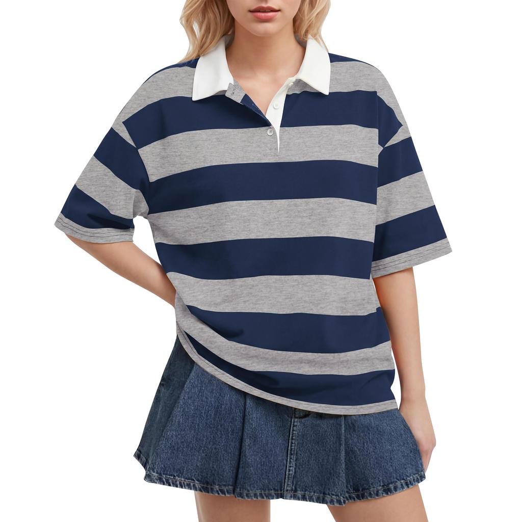 Women’s Casual Striped Polo Collar Loose Fit Short Sleeve Top Relaxed Style Pullover Shirt for Everyday Wear