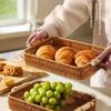 Handwoven Imitation Rattan Serving Tray with Wooden Handles Rustic Basket for Bakery Cafe Hotel Afternoon Tea Home Storage Decor