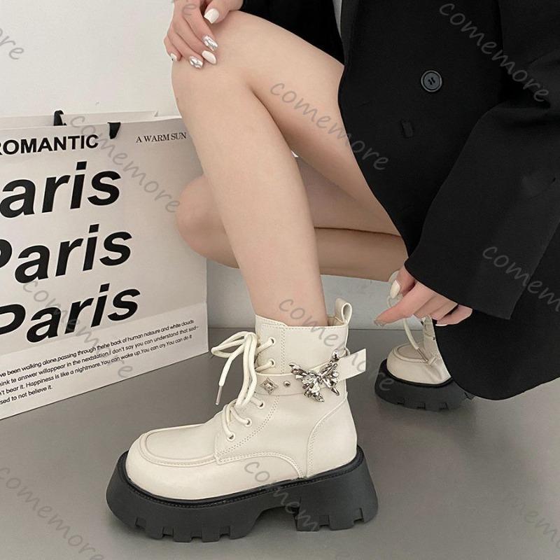 Comemore Sweet Cool Motorcycle Ankle Boots Thick Bottom Women's 2025 New Autumn Retro Short Botines Bow Buckle Shoes for Women