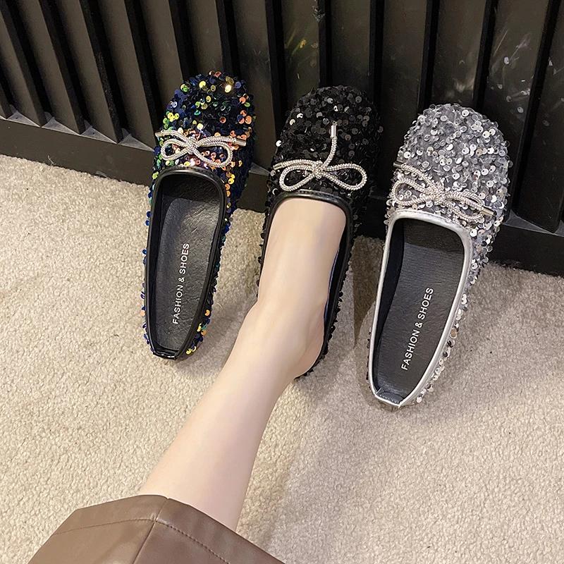 Elegant Women's Leather Shoes Comfort Autumn Casual Female Sneakers Square Toe Flats Comfortable Boat Moccasin Fall New Glitter