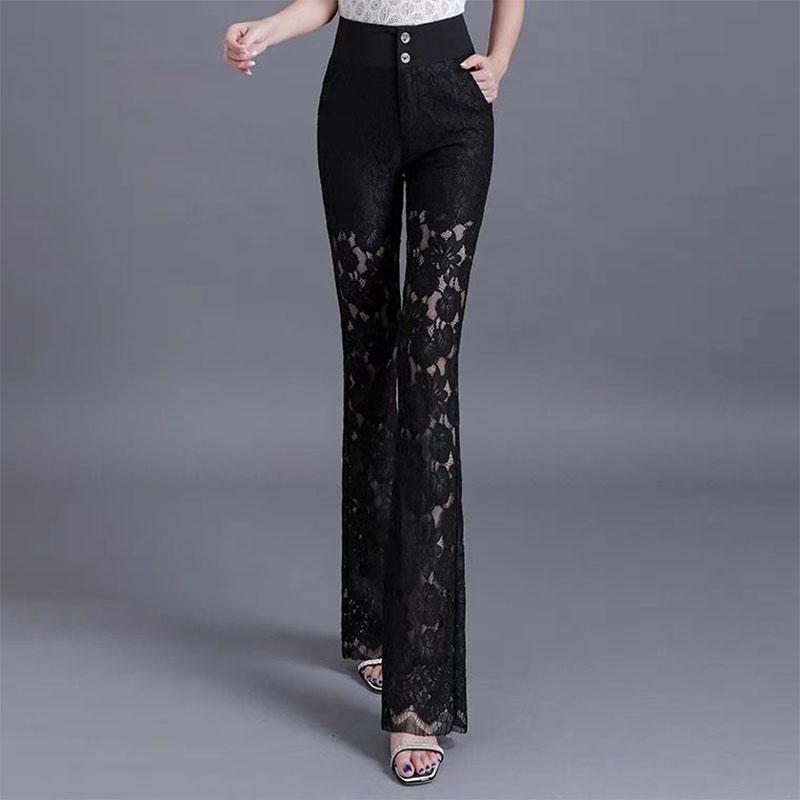 Y2k Korean Pant Suits Lace Hollow Out Summer Thin Flare Pants High Waist Solid Women Elegant Casual Fashion Female Trousers 2022