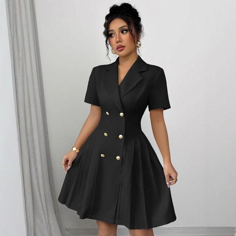 

New Arrival Women s Clothing Fashion Fashion Double Breasted Fitted Waist Short Sleeve V Neck Pure Color Dress 105561 Black S