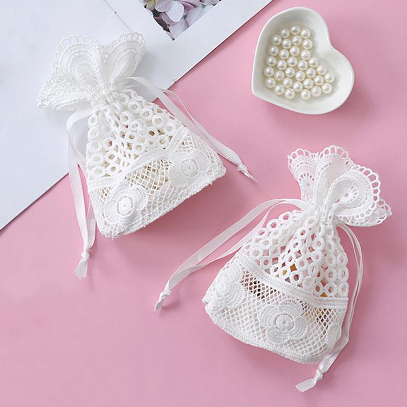 WTEMPO White Hollow-out Lace Brim Gift Bags Jewelry Storage Bags Creative Round Bottom Drawstring Bags Ideal for Storing and Gifting Delicate Items