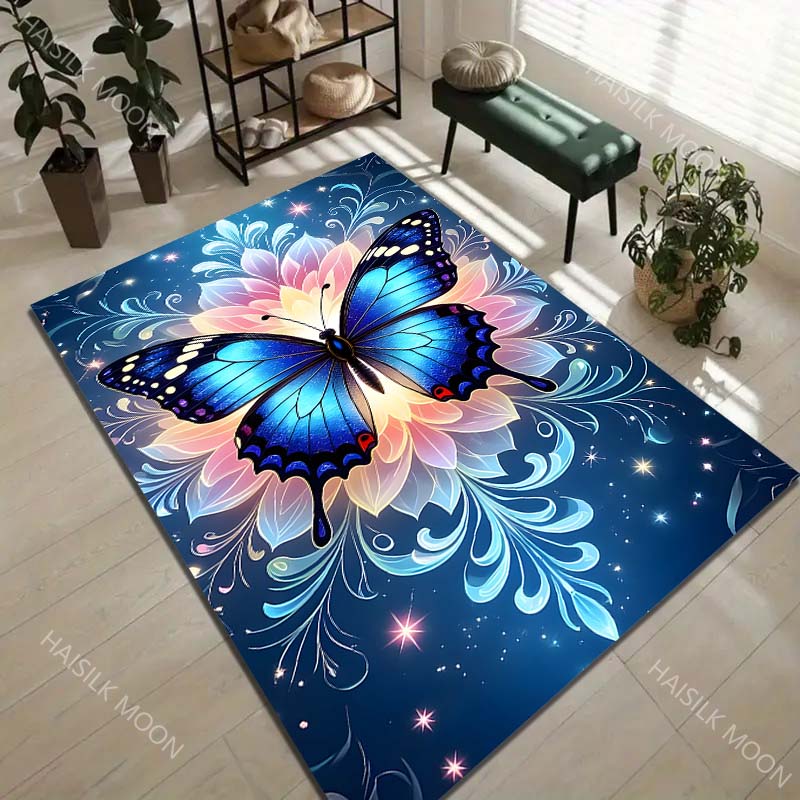 1PC Blue Butterfly Floral Stars Carpet for Living Room Bedroom Sofa Home Decor Rus Non-slip Floor Mat Luxury Gift Multiple Sizes