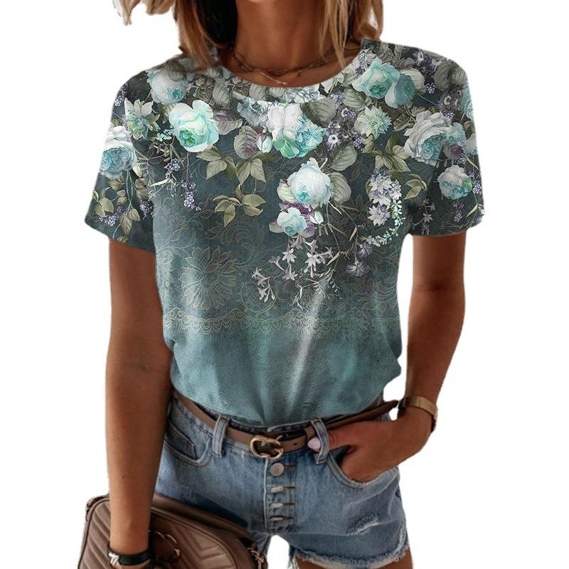 Flowers 3D Printed T-shirt Abstract Painting Round Neck Women's Short Sleeved T-shirts Top