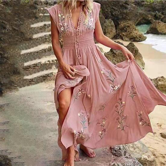 Women Dress Floral Print Lace-up Summer Bohemian Vintage Maxi Dress for Beach