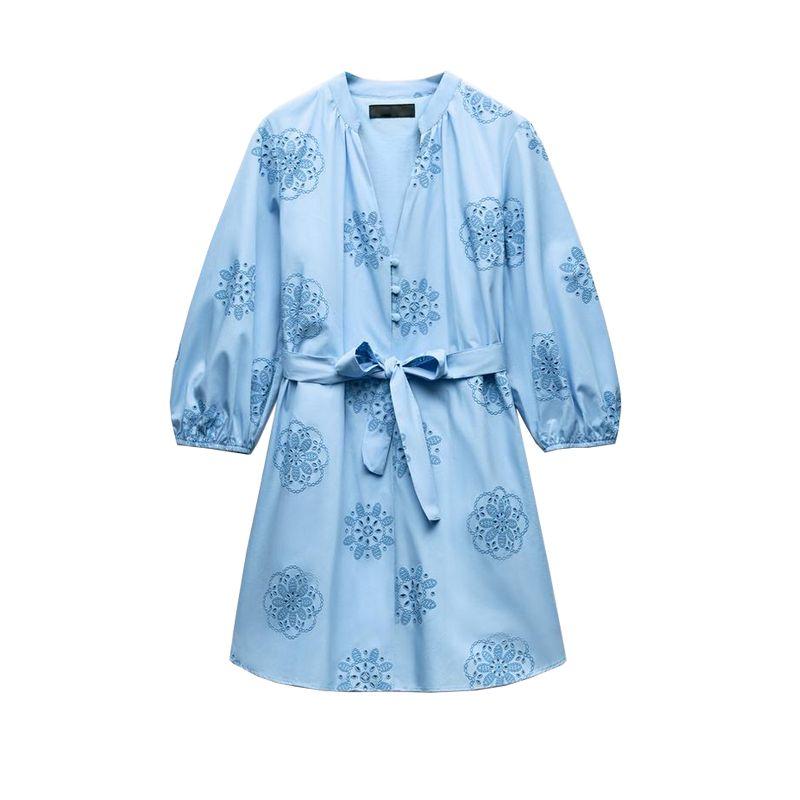 

Spring New V Neck Puffy Long Sleeves with Belt Adhesive Embroider Decorative Poplin Dress 2492058 Sky Blue L