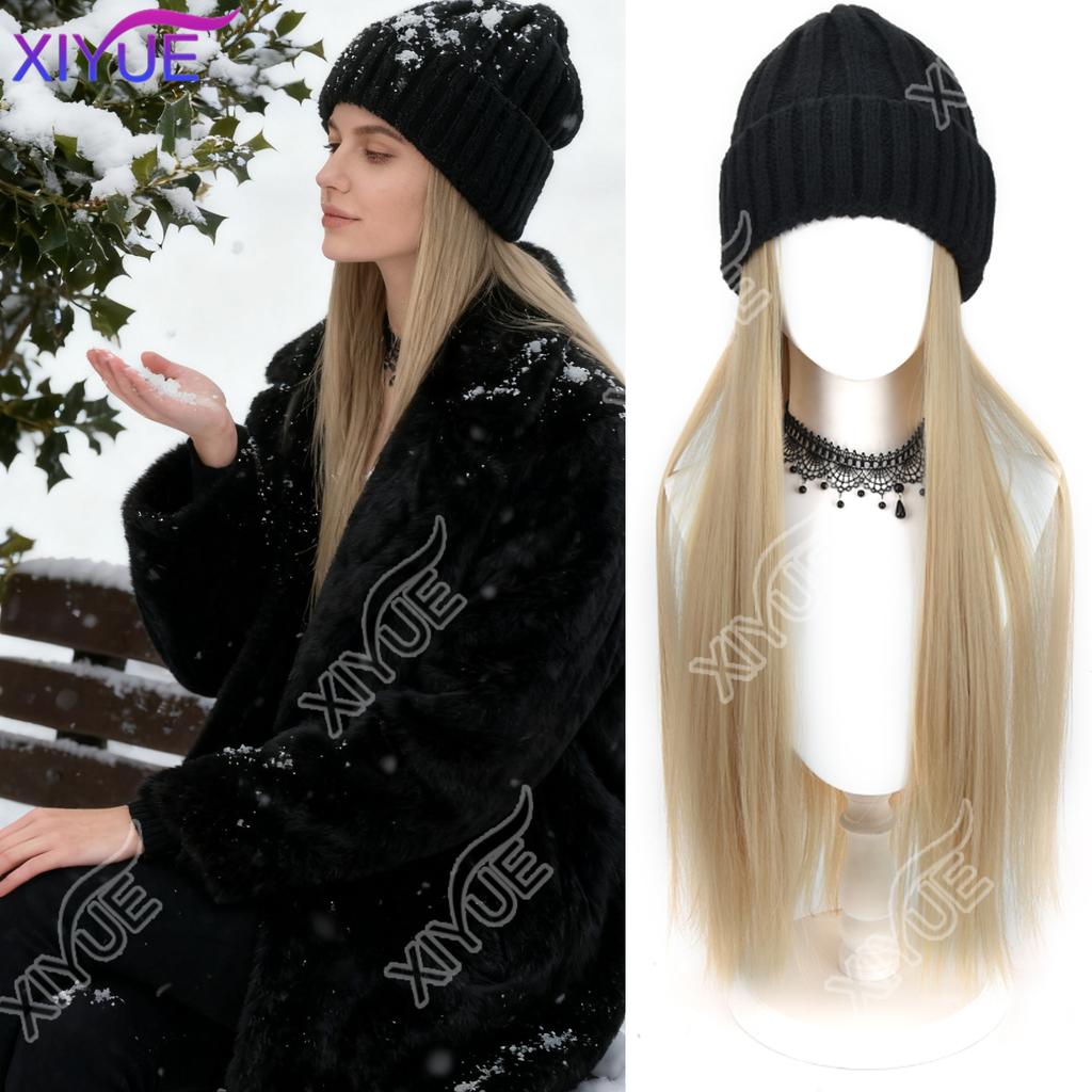 XIYUE Long Synthetic Straight Dark Brown Wigs with Hat Cap Adjustable Hair Wig with Hats for Ladies and Girls Daily Winter Wear