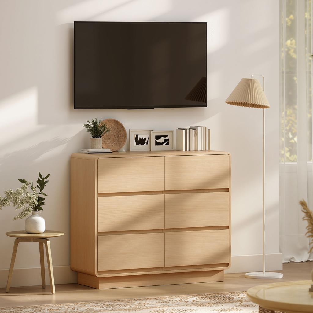 100 cm Sideboard, Buffet Cabinet with 6 Drawers, Chest of Drawers for Kitchen, Living Room, Dining Room, Natural Wood