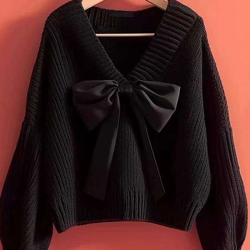 New bow purple knitted sweater lazy style fashion women's autumn new unique good-looking top