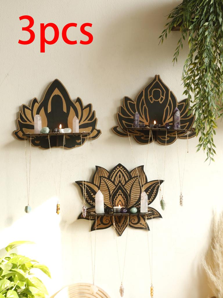 Lotus Ccrystal Shelf Display Black Wooden Wall Shelves Boho Floating Wall Shelf for Bedrooms Offices Living Room Aesthetic Gift