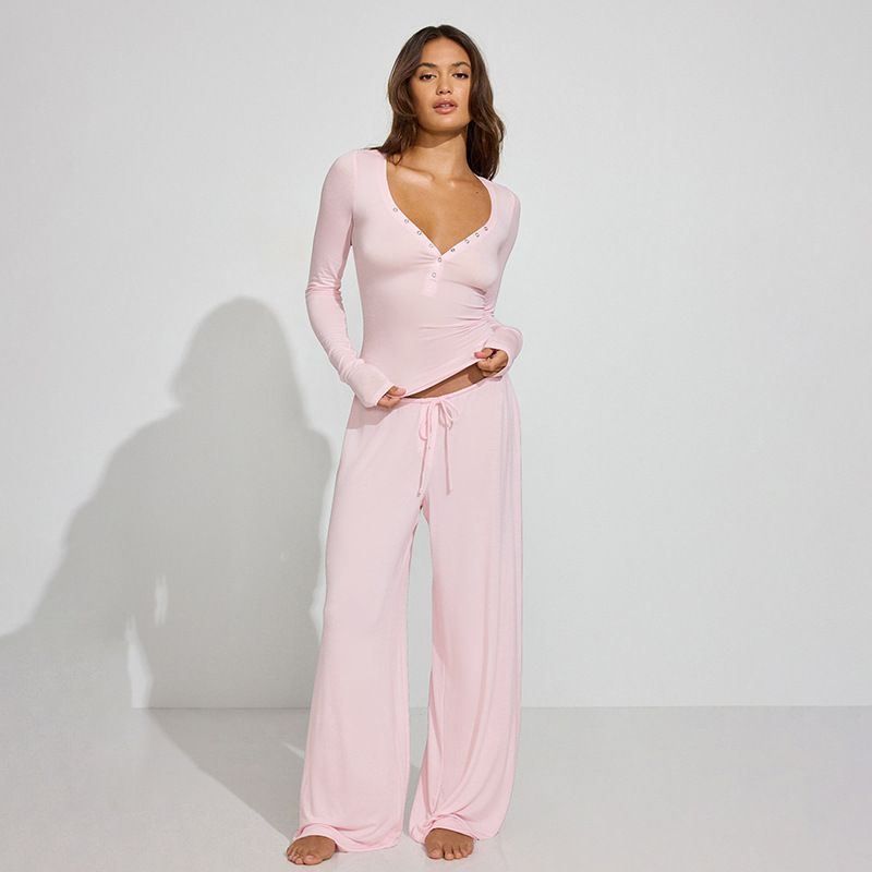 

Cnyishe Casual Fashion Basic Style V Neck Long Sleeved Fitted T-shirt Wide Leg Pants Lazy Home Style Suit Pink S