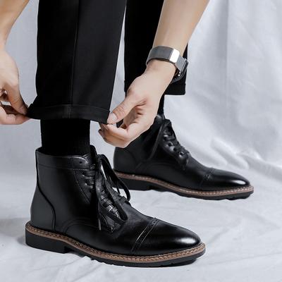 New Men Chelsea Boot Lace Up Genuine Leather Ankle Boots Men Business Office Luxury Brand Shoe Classic Black Mid Top Short Boots