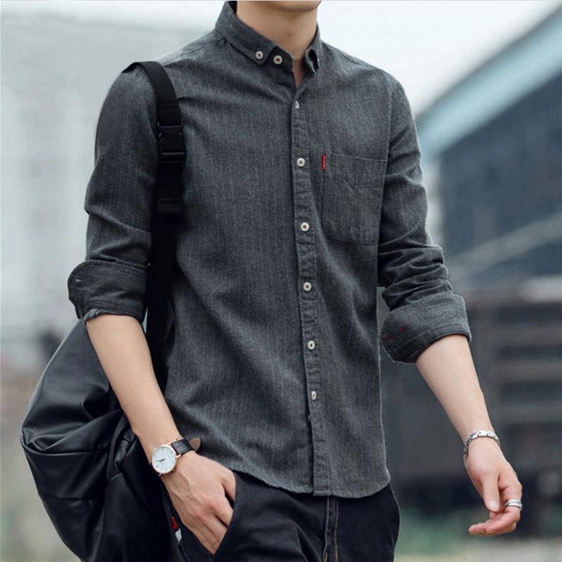 Hongxinjie Men's Casual Striped Long-Sleeve Shirt - Light Business Korean Style for Spring and Autumn