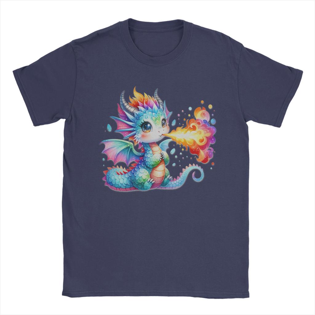 Drachen-T-Shirt mit niedlichem Regenbogen-Drachen, der Feuer speit – Herren, reine Baumwolle, Rundhalsausschnitt, Kurzarm, Sommerkleidung