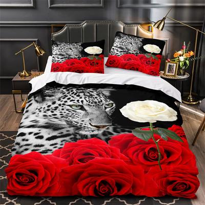Tiger Leopard Lion Duvet Cover Set Africa Wild Animals Bedding Set 3D Red Rose Flowers Quilt Cover Twin King Queen Bedroom Decor