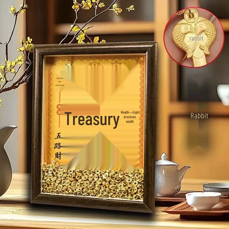 Yellow Dzambhala Wealth Photo Frame Ornament with Twelve Zodiac Animals for Desk Attraction