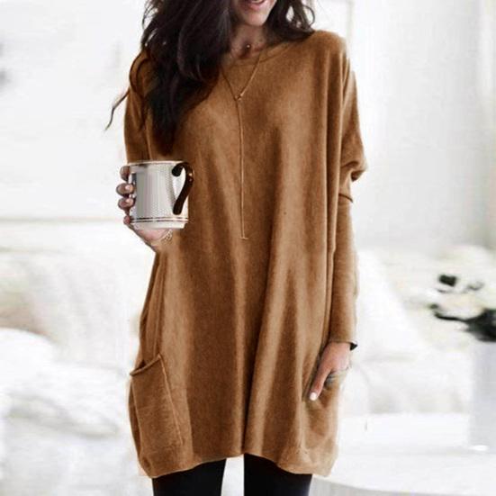Dámské jednobarevné tričko velké velikosti s dlouhým rukávem, tunika s kapsami