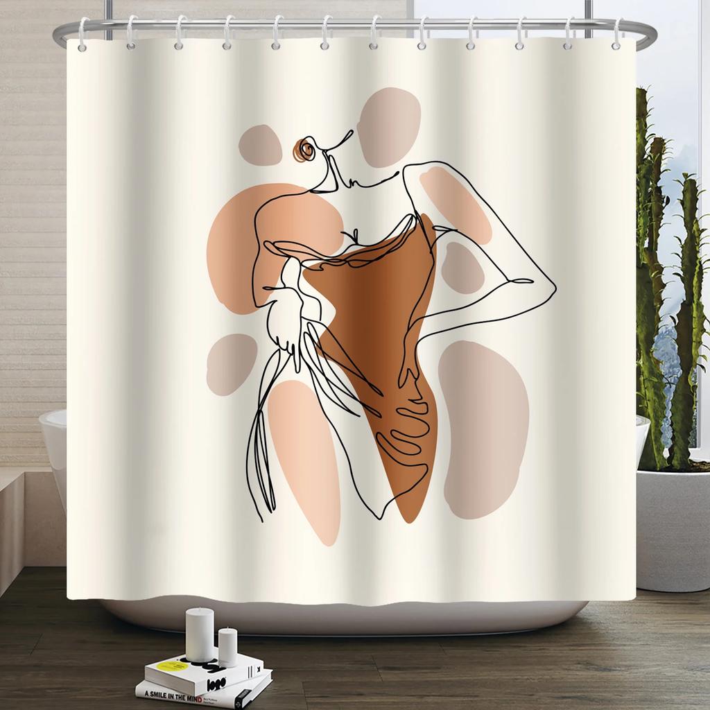 Nordic Wind Boho Shower Curtain for Bathroom Abstract Mid Century Modern Minimalist Geometric Arch Beige Bohemian Bath Curtain