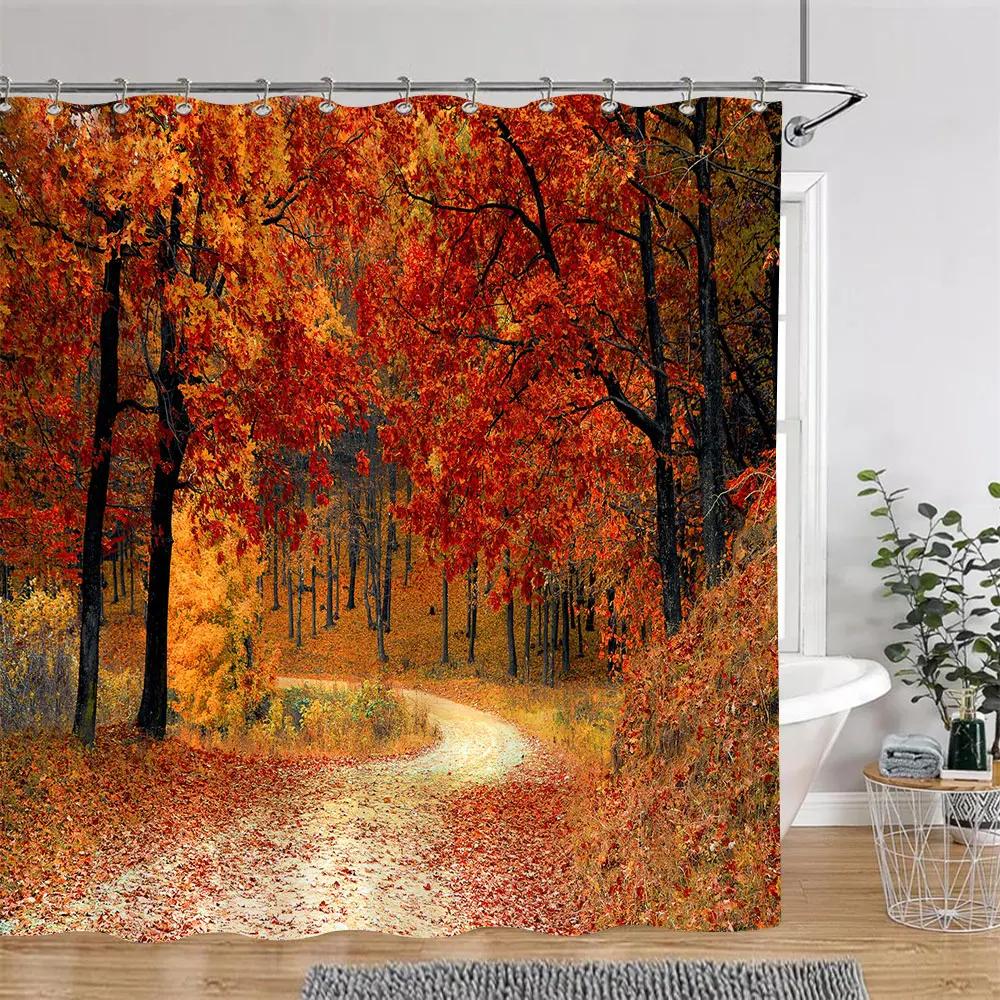 Beautiful Autumn Landscape Shower Curtain Forest Lake Fire Red Golden Leaves Nature Landscape Fabric Bath Curtain Bathroom Decor