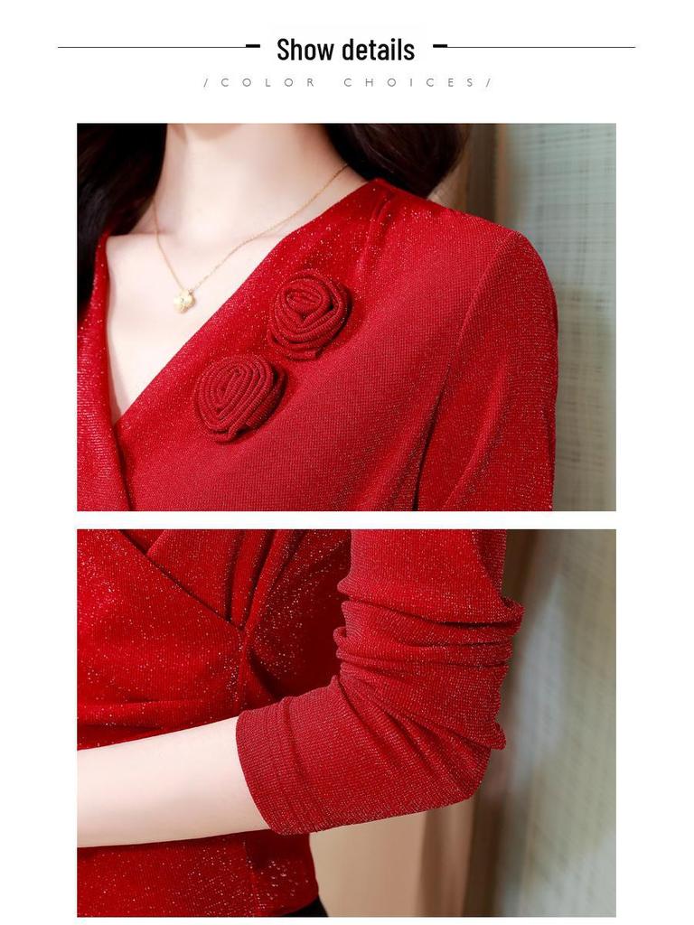 Women's Slim-Fit V-Neck Mesh Floral Blouse - Versatile, Stylish, Age-Defying