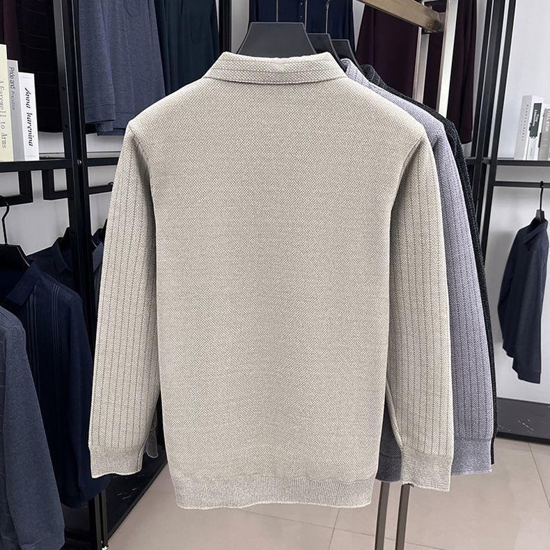 Mens Sweater Polo Collar Label Patchwork Stripes Plush Wool Liner Knitted Thickened Sweater Print Thermo Menswear
