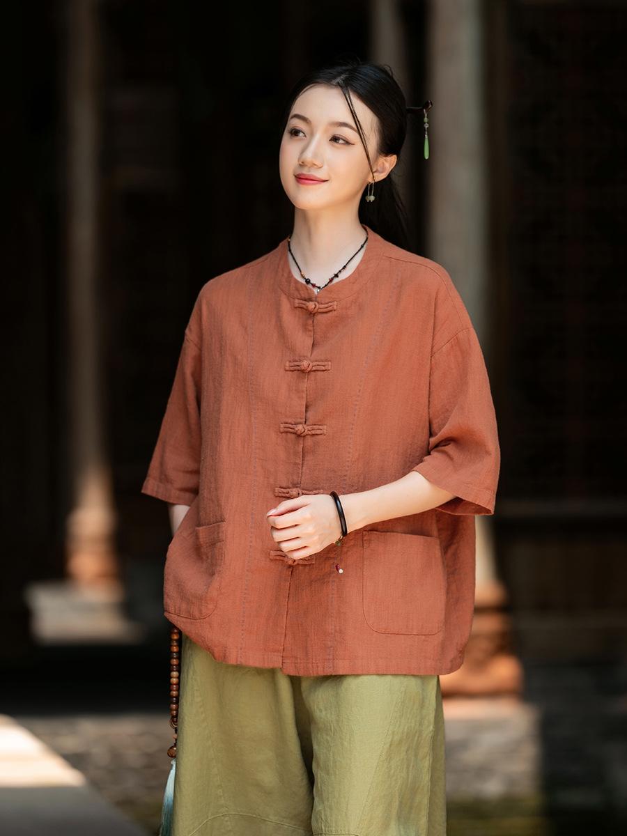 

Johnature Винтажные женские рубашки в китайском стиле, стойка, рукав до локтя, однотонные, осенние, на пуговицах, с вышивкой, свободного кроя One Size