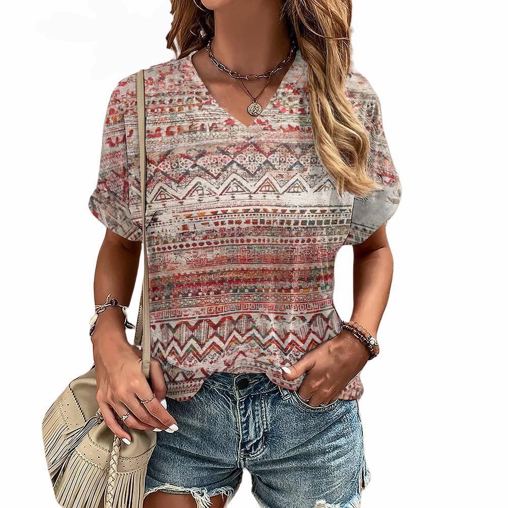 Bohemian Pattern 3D Printed T-shirt for Women's Summer V-neck Short