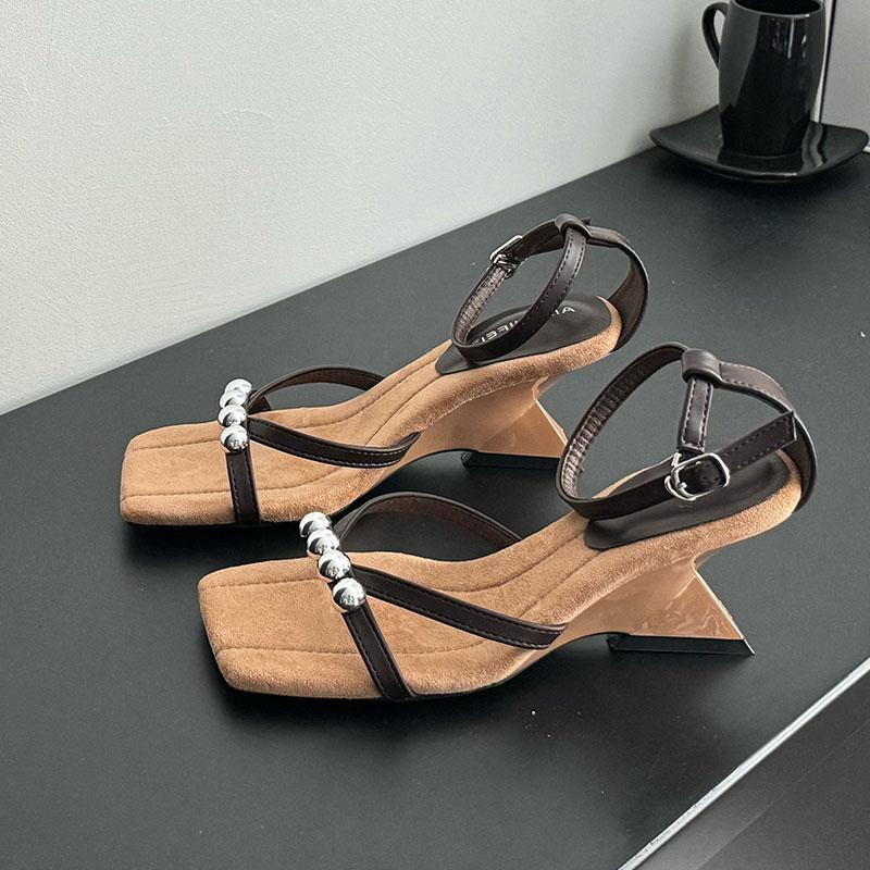 Fashion Fashion Metal Rivet Women Wedges Sandals Shoes New 2025 Footwear Ankle Wrap Ladies Heeled Sandals Wedges Shoes Female Pumps