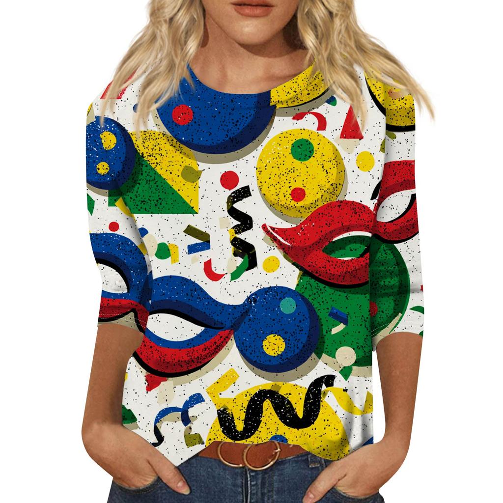 Top de Cuello con Estampado de Carnaval de Manga Tres Cuartos Casual y a la Moda para Mujer