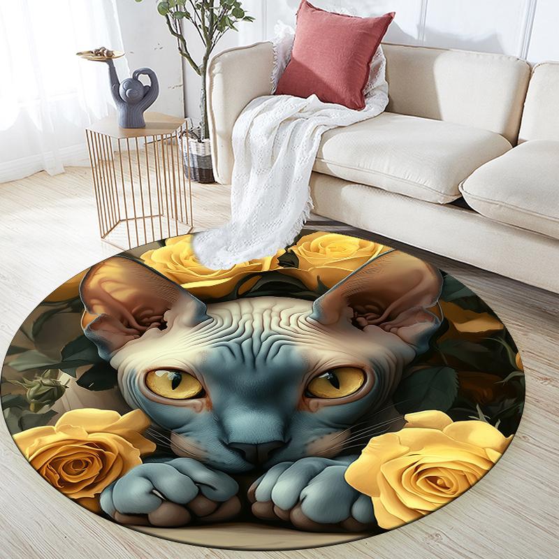 Sphynx Cat and Roses Pattern Round rug,Carpet Rug for Living Room Bedroom Sofa Playroom Decor,Non-slip Floor Mat,Holiday Gifts and Birthday Gifts