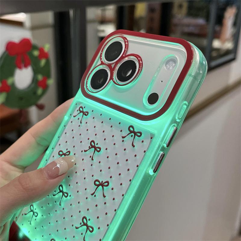 Burgundy bow mobile phone case iPhone16 voice-activated call flash anti-drop cover