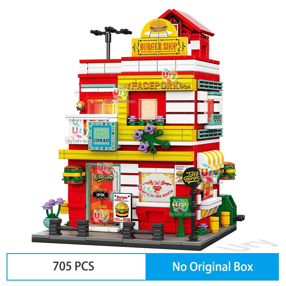 City Series Street View Modular Mall Supermarket Hotel Burger Coffee Shop Retro Flower House MOC Architecture Building Block Set for Kids Children
