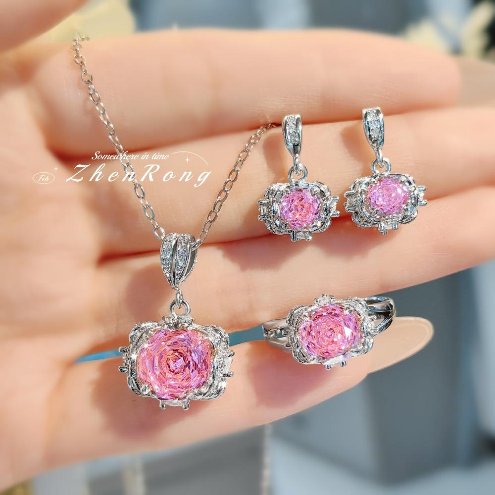 

Octagonal Tanzanite Pendant Necklace with High Carbon Diamond Yellow Gold Earrings Pink Diamond Ring Women Jewelry Set