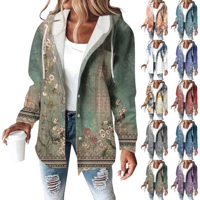 Hoodies For Women  Winter Warm Sweatshirt Button Drawstring Hooded Print Jacket Coat