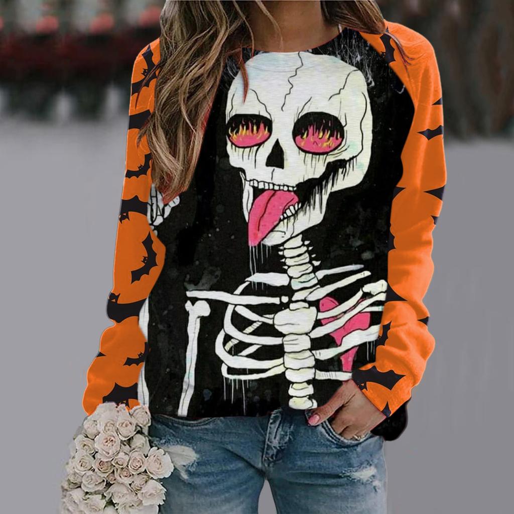 Spring and Autumn Round Neck Halloween 3D Printed Top Fashionable Casual Long Sleeved Women's T-shirts