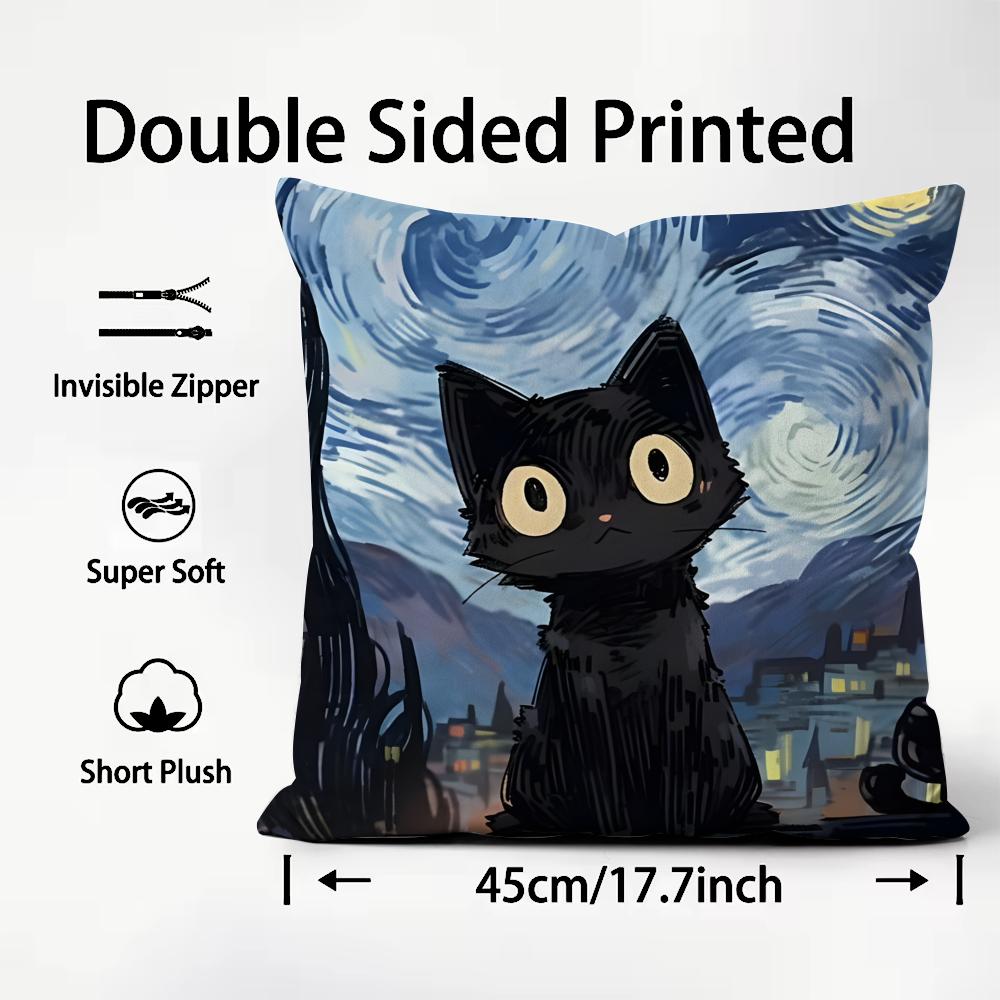 Black C-cat Cushion Cover Premium Comfort Reversible Pillow Cover - Dual - Use Design for Home & Car